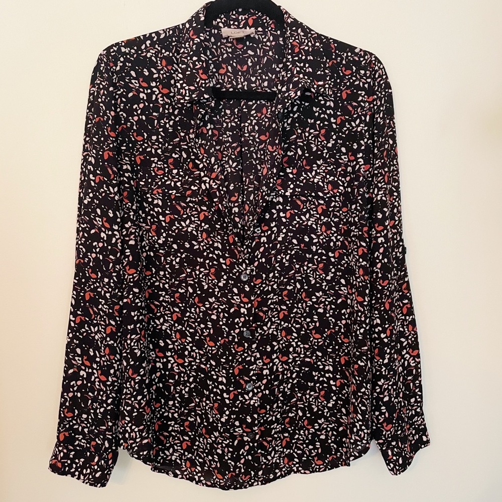LOFT Black Sheer Long Sleeve Button Up Shirt